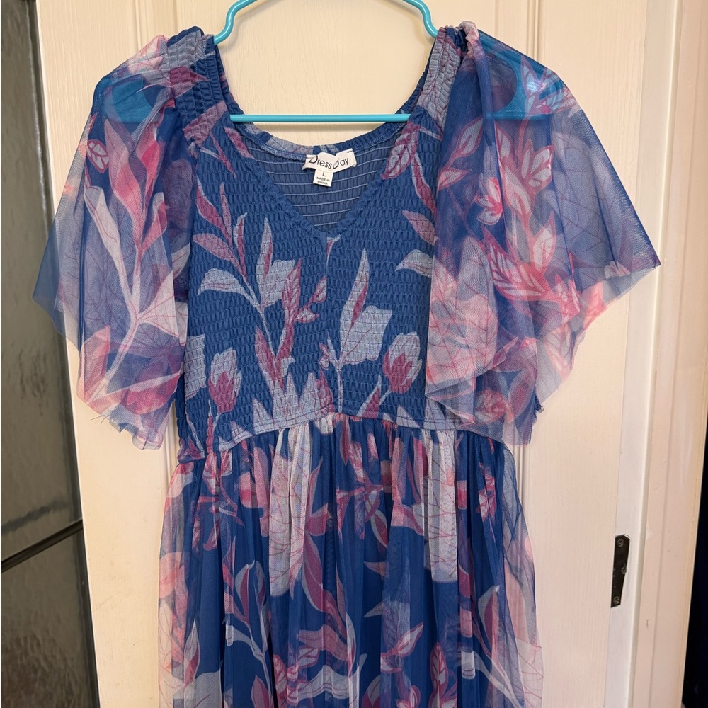 Pinkblush Blue and Pink Ruched Sundress with Flutter Sleeves